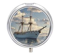 Vintage Nautical White Ship Pill Case 3 Compartments Portable Pill Box for Purse Pocket Waterproof Travel Pill Organizer Vitamin Organizer Round Small Pill Box Daily Pill Container