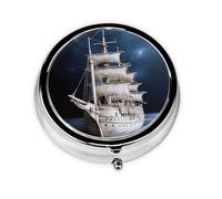 Vintage Nautical White Ship Pill Case with Mirror Retro 3 Compartment Pill Box Small Pill Organizer for Purse or Pocket Decorative Metal Medicine Vitamin Organizer Unique Gifts