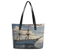 Vintage Nautical White Ship Tote Bag Large Soft Leather Purse with Zipper Lightweight Ladies Shoulder Handbag