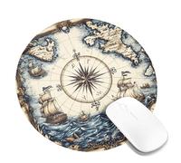 Vintage Nautical World Map Mouse Pad, Blue Antique Navigation Design Stitched Edge Mousepad, Rubber Non-Slip Washable Gaming Mouse Pad for Home and Office Computer, Laptop Round 8x8 Inch