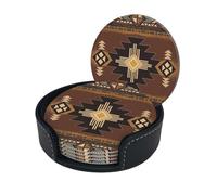 Vintage Navajo Native Americans Aztec Pattern Microfiber Pu Leather Coaster Set of 6 for Drinks with Holder, Cups Place Mats for Home Decor,Round Mat Pad for Cups Mugs
