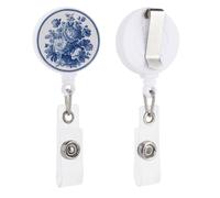 Vintage Navy Blue and White Floral Retractable Badge Holder Reel Clip ID Card Holder for Doctor Nurse Student Office Worker