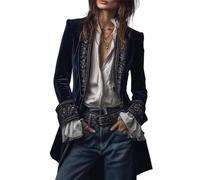 Vintage Navy Polyester Velvet Embroidered Long Jacket, Velvet Blazer Women Vintage, Pirate Jacket, Halloween Steampunk Coat (Navy Blue,S)