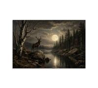 Vintage Night Full Moon Forest Stag River Moody Landscape Wall Art Canvas Printed Posters, Rustic Wildlife Decor for Living Room Cabin Bedroom Farmhouse Entryway Home Decor 16x24inch
