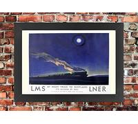 Vintage Night Train Scotland LNER LMS Railway Travel Advertisement Poster Wall Art A3 & A4 Print Re-Print (A3 Framed - Black Frame)