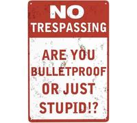 Vintage No Trespassing Are You Bulletproof Or Just Stupid!? Aluminum Sign for Home Coffee Wall Decor 8"x12"