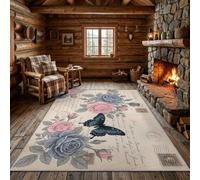 Vintage Nostalgic Beige Rug 180 x 270 cm Non Slip Washable Carpet | Anti-Crease Victorian Roses Butterflies Letters Soft Faux Cashmere Texture Short Pile Area Rug Easy Care, Stain Resistant