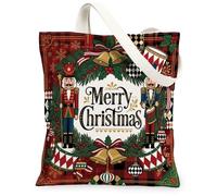 Vintage Nutcracker Christmas Quote Canvas Tote Bag 13x15 Inch | Nutcracker Soldier Motif, Festive Greenery Wreath, Golden Bells, Classic Red Plaid Background, Seasonal Holiday Decor