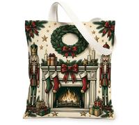 Vintage Nutcracker Fireplace Holiday Quote Canvas Tote Bag 13x15 Inch | Fireplace Mantle Scene, Festive Wreath, Traditional Stockings, Winter Holiday Decor, Nostalgic Illustration