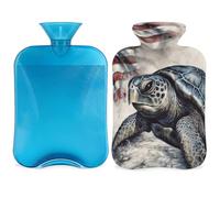 Vintage Ocean Turtle American Flag Hot Water Bottle with Cover, 2L Hot Water Bag for Pain Relief, Neck Soft and Shoulder, Hand Feet Warmer, Hot and Cold Compress for Adult Kids