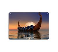 Vintage Ocean Wall Art Tin Signs Vikings Ship Scenery Poster Moon on The Sea Modern Aesthetic Nautical Wall Decor for Living Room Bedroom Decoration (08 * 12inch)