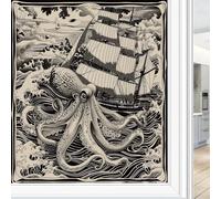 Vintage Octopus Boat One Way Privacy Window Film Abstract Nautical Ship Sea Heat Blocking Window Clings Self-Adhesive Privacy Cover Film 70x100 cm