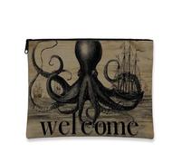 Vintage Octopus Makeup Bag, Nautical Design Cosmetic Travel Pouch for Women, Portable Zip Organizer, Beach Trip Skincare Toiletry Bag, Summer Gift, beige, 7x9 Inch, Octopus