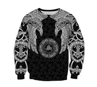 Vintage Odin Crow Hoodie, Nordic Mythology Viking Tattoo 3D Printed Pullover Sweatshirt, Fall Fashion Unisex Long Sleeve Harajuku Street Jacket,Gray Sweatshirt,L