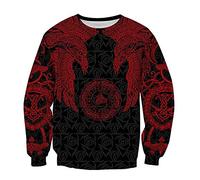 Vintage Odin Crow Hoodie, Nordic Mythology Viking Tattoo 3D Printed Pullover Sweatshirt, Fall Fashion Unisex Long Sleeve Harajuku Street Jacket,Red Sweatshirt,L
