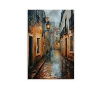Vintage Oil Painting- A Rainy Afternoon in Old Lisbon, Stone Alleys Glowing As Soft Fado Music Drifts from Open Tavern Doors. Wall Art Mural Modern Decoration Hanging Art Poster 16x24inch(40x60cm)