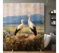 Vintage Oil Painting Bathroom Curtains 200 x 200 cm Two storks in beautiful mountains Washable Polyester Shower Curtain with 12 Hooks, Waterproof Quick-Drying Bath Curtain for Bathroom Decor