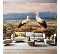 Vintage Oil Painting Mural Wallpaper Two Storks in Beautiful Mountains Non-Woven Art Print 390 x 260cm Wall Murals Poster Picture Design Modern Decoration for Bedrooms Living Room Children Nursery
