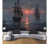 Vintage Oil Painting Photo Wallpaper 150x105cm Silk Premium Art Print Sailing On The Sea At Dawn Wall Mural Decoration Poster Picture Design Modern for Bedroom Living Room TV Backdrop, Dark Gray