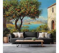 Vintage Oil Painting Style Photo Picture Wallpaper Orange Tree Building Seascape Wall Mural for Living Room, Bedroom, Bathroom, Office, Dining Room, Kid's Room Decoration Wall Covering 400 x 280 cm