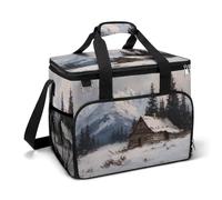 Vintage Old Log Cabin in The Snowy Mountain Camping Cooler Bag Insulated Beach Coolers Portable Leak Proof Bags with Shoulder Strap