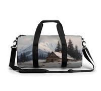 Vintage Old Log Cabin in The Snowy Mountain Travel Gym Bag for Women Men Cylindrical Duffle Bag Sport Workout Bag with Shoulder Strap