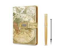 Vintage Old Map Diary with Lock,A5 Locking Journal Pu Leather Refillable Writing Notebook with Lock Combination Password Personal Lock Journal with Pen&Gift Box Secret Lock Diary for Adults Men&Women