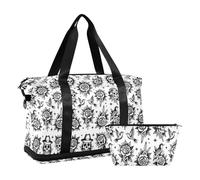 Vintage Old School Skull Rose Tattoo Carry On Shoulder Weekend Tote with Wet Pocket Adjustable Strap Gym Bag for Workout Large Capacity for men women