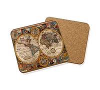 Vintage Old World MAP #3 Drinks Coaster MAT HARDBOARD Square Set X4