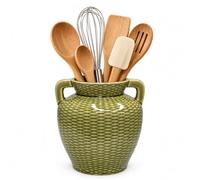 Vintage Olive Green Double Handle Ceramic Utensil Holder, 6.9 Inch Crock | 4.3 Inch Opening Countertop Organizer for Cooking Tools, Natural Olive Green Ceramic Storage for Spoons and Spatulas