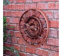 Vintage Open Face 12" Indoor or Outdoor Clock - Battery Powered Weather Resistant Hand Painted Wall or Fence Skeleton Clock with Cog & Wheel Design for Home or Garden - 30cm Diameter, Bronze