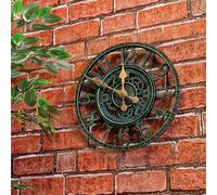 Vintage Open Face 12" Indoor or Outdoor Clock - Battery Powered Weather Resistant Hand Painted Wall or Fence Skeleton Clock with Cog & Wheel Design for Home or Garden - 30cm Diameter, Green