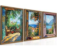 Vintage Open Window Henri Matisse Wall Art, Blue Italian Coastal Landscape Painting Wall Decor, Italy Mediterranean Country Poster Canvas Prints for Living Room Bedroom 16x24 inch Wood Framed