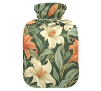 Vintage Orange Lily Flower Green Leaves hot Bottle Water Bag with Soft Cover, 1L hot compresses for The Body for Period Cramps, Arthritis, Bolsa de agua Caliente para el Dolor
