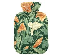 Vintage Orange Lily Flower Green Leaves William Morris Style hot Bottle Water Bag with Soft Cover, 2L hot Compress Bag for Arthritis, Pain Relief, bolsas de agua Caliente para Dolores