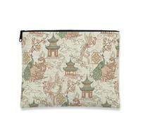 Vintage Oriental Makeup Bag, Peacock and Pagoda Pattern Cosmetic Pouch for Women, Portable Canvas Zipper Organizer, Travel Toiletry Bag for Spring, Beige, 7x9 Inch, Peacock