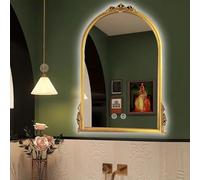 Vintage Ornate LED Makeup Mirror for Bathroom Wall, Defog, Gold Traditional Mirror, Antique Accent Mirror, 3-Color Lighted Arched Decorative Hanging Mirror
