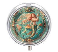 Vintage Outer Banks Map with Mermaids Pill Box 3 Compartment Travel Pill Organizer with Mirror Design Portable Pillcase for Pocket Or Purse Round Medicine Case Weekly Medicine Container Holder for Dai
