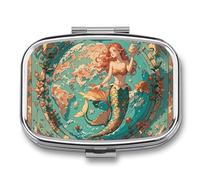 Vintage Outer Banks Map with Mermaids Pill Box Travel Pill Organizer 2 Compartment Weekly Pill Case with Mirror A Day Medicine Container Medicine Organizer for Purse, Pocket, Or Wallet