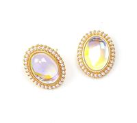 Vintage Oval Moonstone Studs, Iridescent Mermaid Crystal Studs with Pearl Border,Elegant Transparent Gemstone, for Women Daily Wear Party Gift