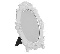 Vintage Oval Ornate Table Mirror with Stand Portable Makeup Mirror Silver | Embossed Rose Pattern Design, Suitable for Countertops and College Dorm Rooms, for Cosmetics and Hairstyling Tools