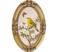 Vintage Oval Wall Art, 3D Embossed Baroque Gold Wood Frame with Yellow Bird, Butterfly and Blossom Branch Illustration, Cottagecore Nature Wall Decor for Living Room, Bedroom, Entryway, 5.9 x 7.9 Inch