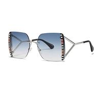 Vintage Oversized Hollow Triangle Leg Sunglasses For Women Stripe Print Sun Glasses Female Shades (Silver Blue,One Size)