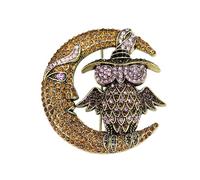 Vintage Owl on the Moon Rhinestone Brooch for Women Men Charms Crystal Animal Bird Crescent Brooches Lapel Pins for Clothing Gold Plated Fashion Jewelry Unisex Accessories Scarves Clip, 1, Metal