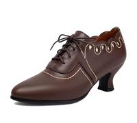 Vintage Oxford Heels for Women Retro Wingtip Brogues with Chunky Heel Lace-Up Round Toe Brown Leather Dress Shoes Brown Size 39