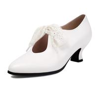 Vintage Oxford Heels for Women Retro Wingtip Brogues with Chunky Heel Lace-Up Round Toe Brown Leather Dress Shoes White Size 38