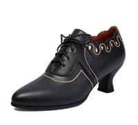 Vintage Oxford Heels for Women Retro Wingtip Brogues with Chunky Heel Lace-Up Round Toe Brown Leather Dress Shoes Black Size 39