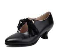 Vintage Oxford Heels for Women Retro Wingtip Brogues with Chunky Heel Lace-Up Round Toe Brown Leather Dress Shoes Black Size 36