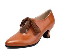 Vintage Oxford Heels for Women Retro Wingtip Brogues with Chunky Heel Lace-Up Round Toe Light-Brown Leather Dress Shoes Light-Brown Size 39
