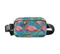 Vintage Painting Flamingos Palm Leaf Blue Cute Waist Pack Crossbody Bag for Men Women Water Resistant Crossbody Sport Bag with Adjustable Strap for Workout Running Hiking